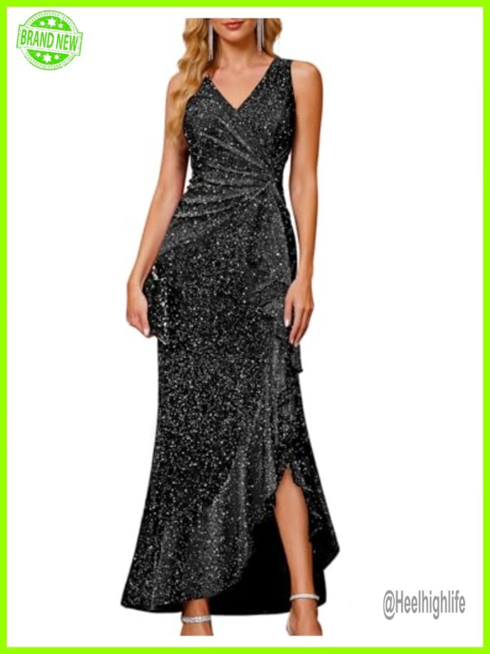 Womens Sequin Formal Long Ruffle Dress Party Wedding Cocktail Gown